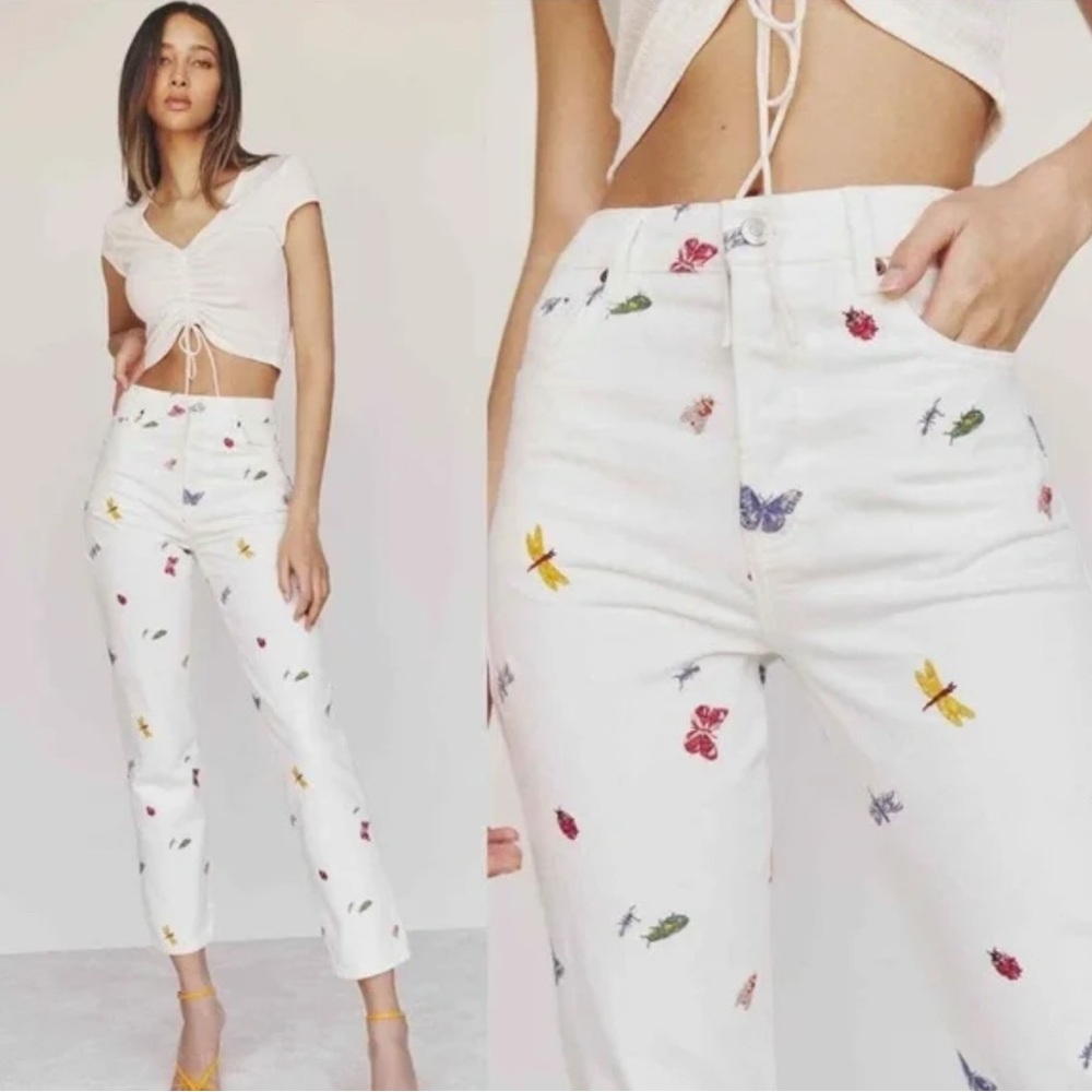 Reformation White Jeans with Multicolor Butterfly & Dragonfly Embroidery